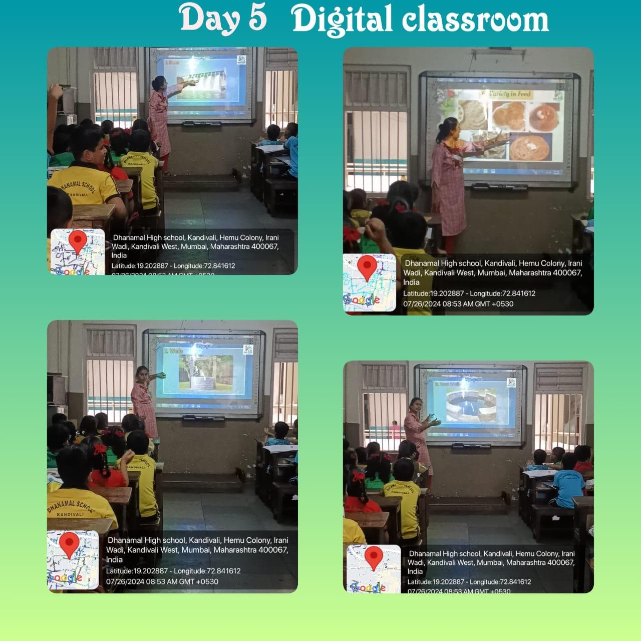 Teacher teaching students with a digital smart board in the classroom
